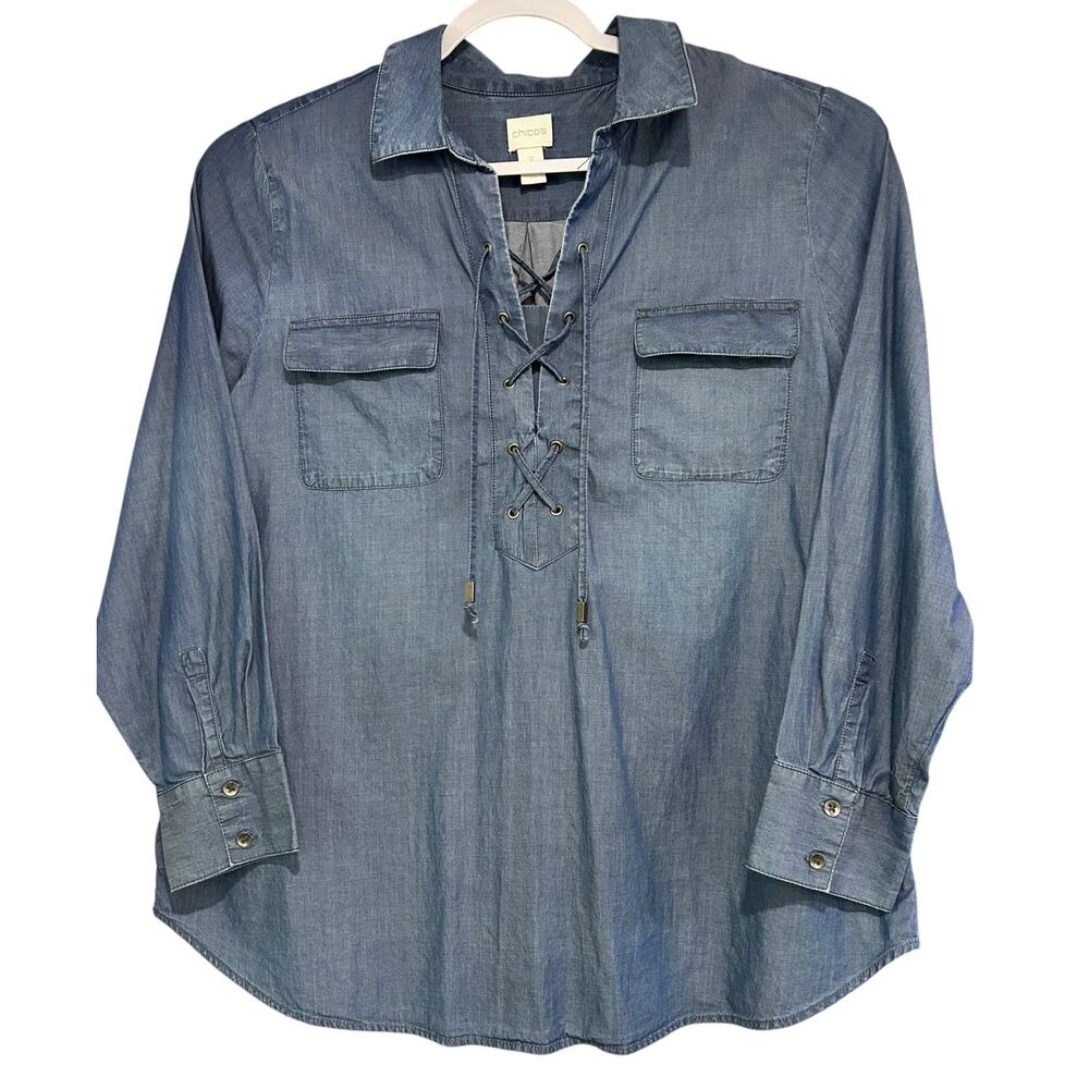 Chico's Tie Front Top Boho Western Peasant Pocket Casual Blue Chambray SZ 3 (XL)